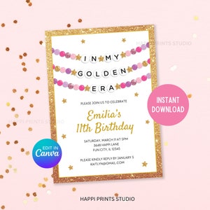 In My Golden Era Digital Invitation, Golden Birthday Invite, Editable Friendship Bracelet Birthday Printable, Tween Girl Eras Birthday