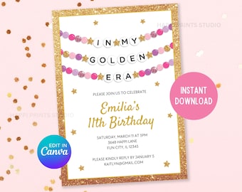 In meiner goldenen Ära Digitale Einladung, Goldener Geburtstag einladen, bearbeitbares Freundschaftsarmband Geburtstag druckbar, Tween Girl Eras Geburtstag