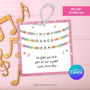 In My Dance-tijdperk gunst traktatie-tag, bewerkbare vriendschap armband dans tijdperk tag, dansploeg afdrukbare cadeaukaartje dans partij gunst goodiebag tag