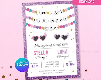 May include: A glittery purple birthday invitation with the text "In Our Birthday Era." The invitation includes the names Stella and Luna, the date, time, and location. The design features heart-shaped sunglasses and colorful decorations.