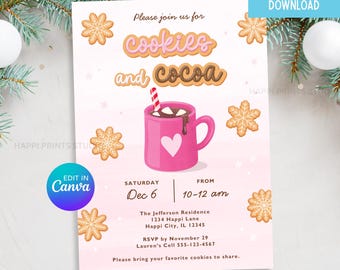 May include: A pink invitation card with the text "Cookies and Cocoa" and a graphic of a pink mug with a heart. The card includes event details, snowflake and cookie illustrations, and the text "Instant Download".