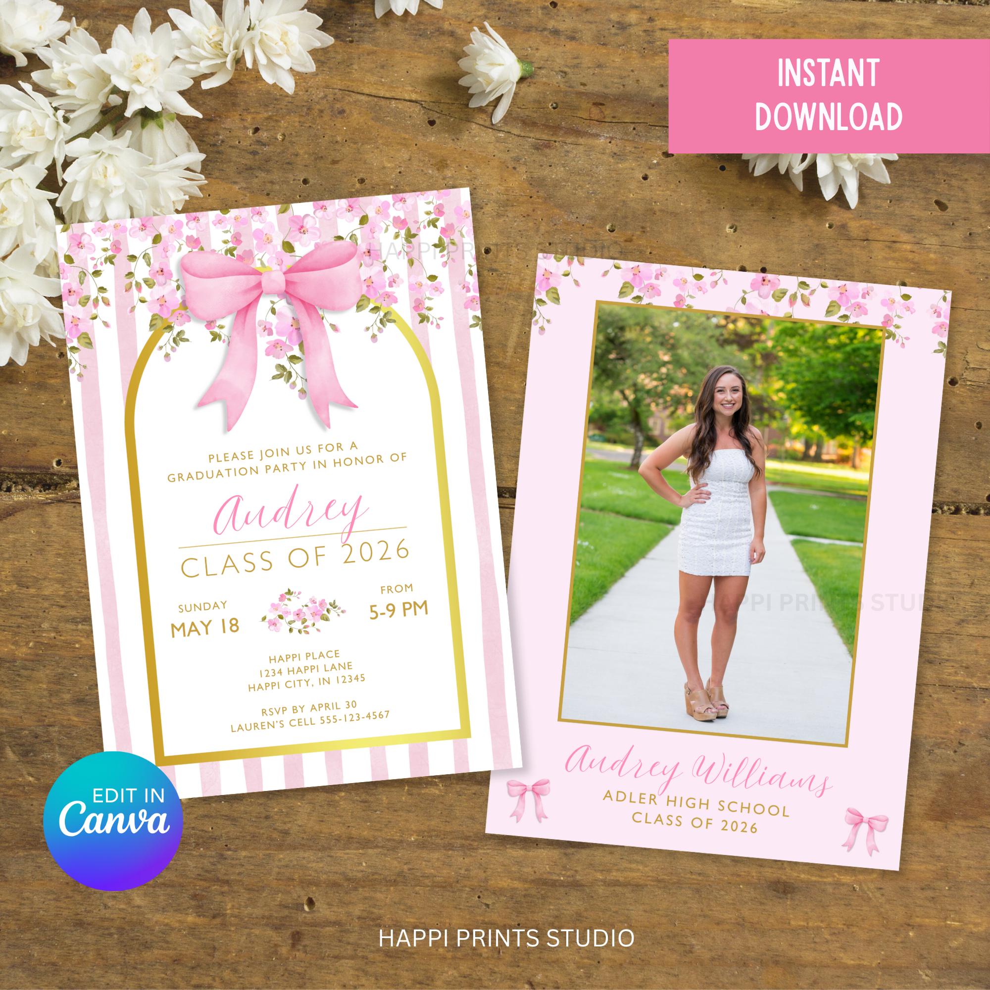 Floral Pink Ribbon Graduation Party Digital Invitation, Editable ...