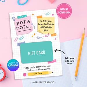 May include: A printable gift card template for Teacher Appreciation Week. The design features a teal gift card area, sticky notes with text, and a pencil illustration. Includes the text "Happy Teacher Appreciation Week! Thank you for all that you do!"