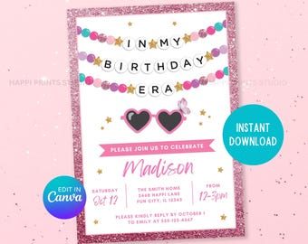 May include: Pink glitter birthday party invitation with a pink and gold star design. The invitation says "In My Birthday Era" with sunglasses and a butterfly. The text also includes the name "Madison", the date "Saturday Oct 12", the time "12-3pm", and the address "The Smith Home 2468 Happi Lane Fun City, IL 12345".