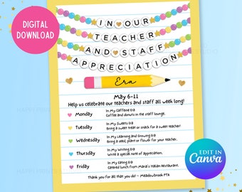 In Our Teacher Appreciation Era Flyer, Editable Teacher Appreciation Friendship Bracelet Flyer, PTA School Staff Appreciation Week Schedule