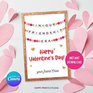 Vriendschapsarmband Valentijnskaart, glitter Valentijn klaskaart, Kid Valentine Favor Tag, In Our Friendship Era Valentine afdrukbaar