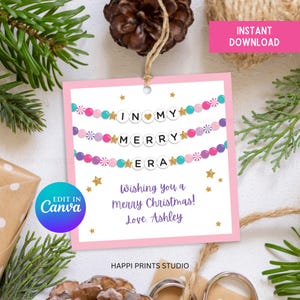 Pink Purple Peppermint In My Merry Era Christmas Gift Tag, Editable Christmas Friendship Bracelet Printable Gift Tag, Girl Holiday Favor Tag