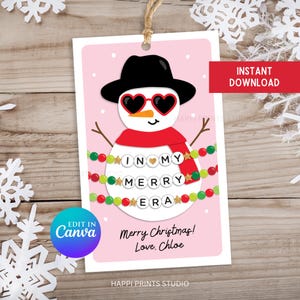 Heart Sunglass Snowman Christmas Tag, In My Merry Era Christmas Gift Tag, Editable Merry Christmas Friendship Bracelet Printable Gift Tag