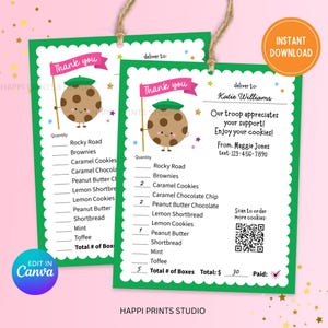 Etichetta regalo per modulo d'ordine di ringraziamento per biscotti delle Girl Scout, etichetta per biscotti della truppa Scout, modulo di ricevuta modificabile per ordine di biscotti, etichetta stampabile di ringraziamento
