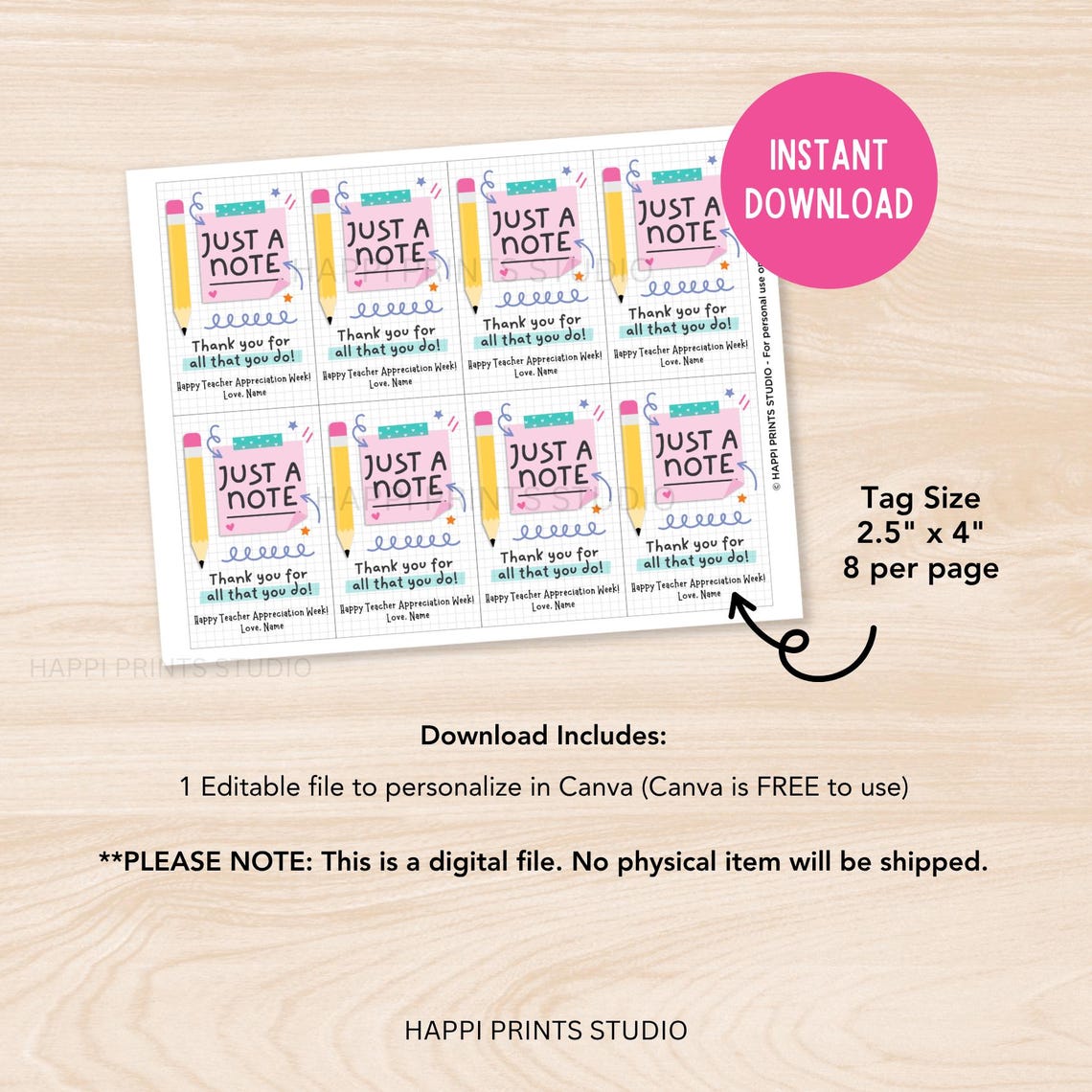 Just a Note Teacher Appreciation Week Gift Tag, Post It Note Paper ...