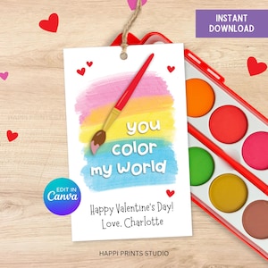 Cartão de Dia dos Namorados You Color My World, Etiqueta de Tinta Colorida para Dia dos Namorados, Etiqueta de Lembrancinha Escolar para Imprimir, Tinta Aquarela com Pincel e Não Doce