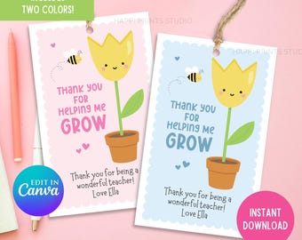Thank You For Helping Me Grow Teacher Appreciation Week Gift Tag, Teacher Flower End of School Year Tag, Teacher Thank You Printable Tag