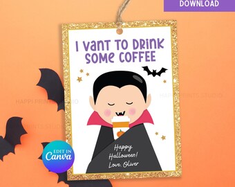 Halloween leraar koffie cadeaukaartje, vampier koffie cadeau afdrukbaar, bewerkbare koffieliefhebber tag, personeel waardering cadeaukaartje (digitale download)