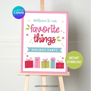 Puede incluir: Un cartel imprimible rosa y blanco con el texto "Bienvenido a nuestras cosas favoritas Fiesta navideña" y una fila de cajas de regalo de colores. El cartel tiene un diseño de estrellas doradas y corazones.