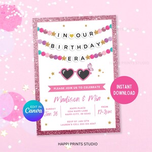 Invitación de cumpleaños para gemelas, invitación imprimible de "En nuestra época de cumpleaños", invitación editable de pulsera de la amistad, invitación de cumpleaños conjunta