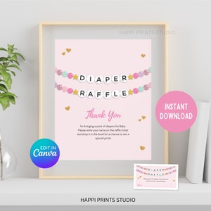 Bearbeitbares Freundschaftsarmband Windel Raffle Zeichen, Pink Baby Era Baby Shower Printable, Baby Girl Baby Shower Windel Raffle Tickets, Baby Era