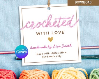 Etichetta stampabile Crocheted with Love, etichette per la cura fatte a mano da me, istruzioni per la cura del lavoro a maglia e uncinetto, etichetta regalo all'uncinetto modificabile da scaricare in formato digitale