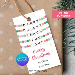 Pastel Friendship Bracelet Christmas Gift Tag, Editable Eras Bracelet Christmas Party Favor Tag, Printable Eras Christmas Gift Tag for Her