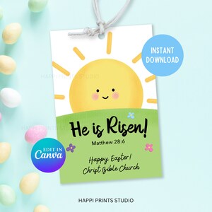 Etiqueta para cesta de Pascua con el mensaje "Él ha resucitado" para niños, etiqueta para regalo de Pascua imprimible, etiqueta para cesta de Pascua cristiana imprimible, etiqueta editable para bolsa de regalos de Pascua