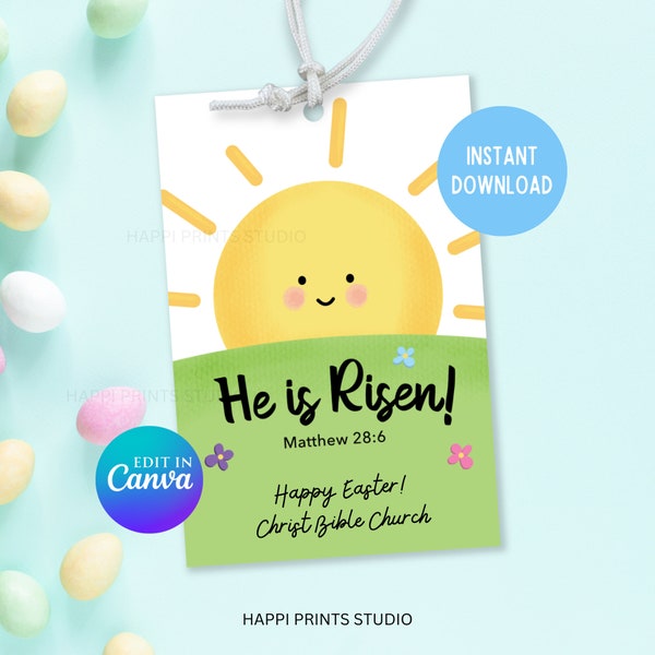 He is Risen Easter Basket Tag for Kids, Printable Easter Gift Tag, Christian Easter Basket Printable Tag, Editable Easter Goodie Bag Tag