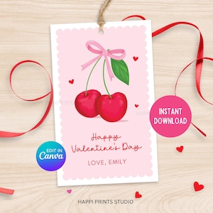 Pink Bow Cherry Valentines Day Tag, Modern Cherry Valentine Tag, Editable Pink Coquette Cherry Valentine Printable Tag, Friend Valentine Tag
