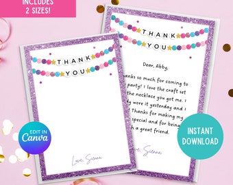 Bracelet de l'amitié modifiable carte de remerciement imprimable, carte de remerciement, carte de remerciement d'anniversaire, carte de remerciement imprimable de l'époque d'anniversaire