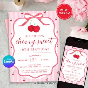 May include: A pink and white birthday invitation with a cherry design. The text says "It's Emily's Cherry Sweet 10th Birthday" with the date and time. A smartphone shows the same design. Available for instant download.