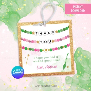 Wicked Birthday Thank You Tag, Editable Friendship Bracelet Favor Tag, Tween Girl Wicked Good Witch Party, Pink and Green Printable Gift Tag