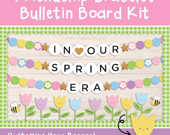 In Our Spring Era Friendship Bracelet Banner Bulletin Board Kit, Spring Bulletin Board, Bees Flowers Tulips Spring Classroom Door Decor