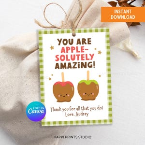 May include: A printable gift tag with a green gingham border and the text "YOU ARE APPLE-SOLUTELY AMAZING!". The tag features illustrations of two caramel apples and the message "Thank you for all that you do! Love, Audrey."