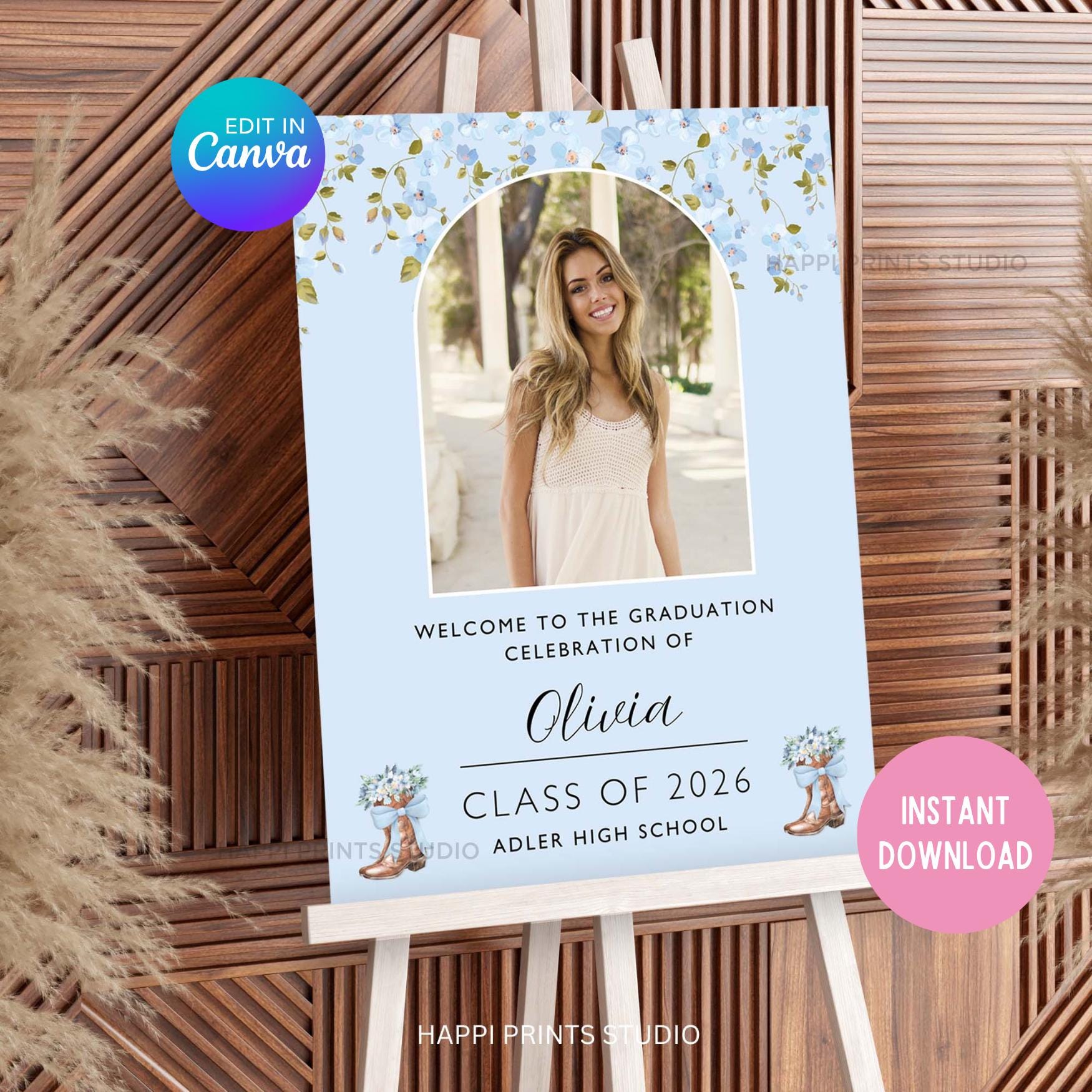 Cowboy Boots and Bows Graduation Party Welcome Sign, Blue Floral Ribbon ...