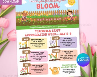 May include: A colorful printable flyer for Teacher & Staff Appreciation Week, May 5-9. The design features illustrations of children gardening, flowers, and a sun. Includes daily activities like donuts, sweets, and a taco bar.
