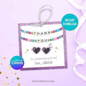 Purple Eras Birthday Sunglass Favor Treat Tag, Editable Friendship Bracelet Thank You Tag Printable Birthday Party Favor Goodie Bag Gift Tag