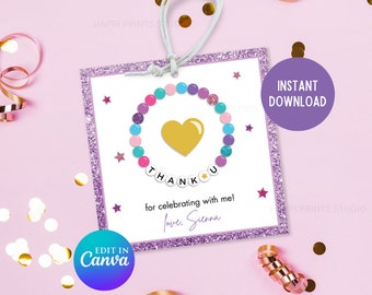 May include: Purple and white thank you tag with a gold heart and a colorful beaded bracelet with the letters "THANKU" around it. The text reads "THANKU for celebrating with me! Love, Sienna".