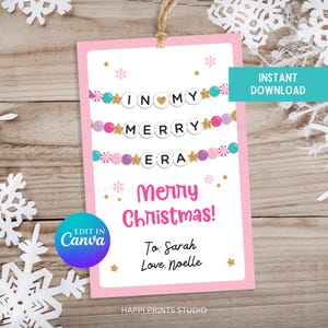 Pink Purple Peppermint In My Merry Era Christmas Gift Tag, Editable Christmas Friendship Bracelet Printable Gift Tag, Girl Holiday Favor Tag