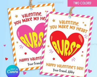 You Make My Heart Burst Valentine Tag, Classroom Valentine Exchange Card, Star Candy Favor Tag, School Valentine Candy Printable Gift Tag