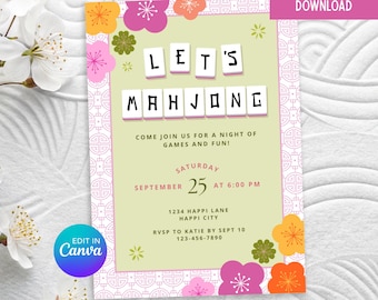 May include: A digital invitation for a Mahjong game night. The design features the words "Let's Mahjong" in a tile-like font, with floral accents in pink, orange, and green. The invitation includes the date, time, and RSVP information.