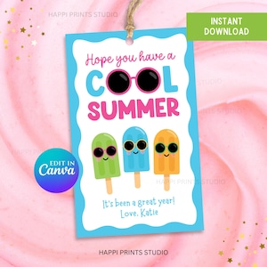クールな夏のアイスキャンディーギフトタグ、学年末の夏のギフトタグ、生徒と先生へのプレゼント、編集可能な学校最終日の夏のアイスキャンディータグ