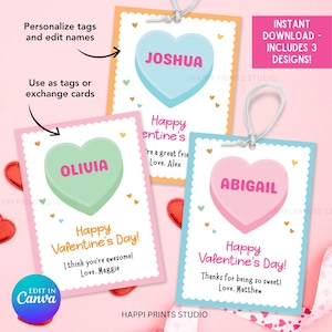 May include: Three Valentine's Day gift tags with heart-shaped candy designs. Each tag features a different name: Joshua, Olivia, and Abigail. The tags are in pink, blue, and orange, with the text "Happy Valentine's Day!" and a Canva edit option.