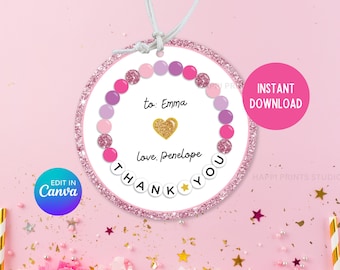 Editable Friendship Bracelet Thank You Tag, Printable Favor Gift Tag, Eras Birthday Favor Tag, Pink Birthday Party Favor Gift Tag, Treat Tag