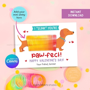 Tarjeta de intercambio de San Valentín para el aula, San Valentín con perro Slinky imprimible, etiqueta de recuerdo de juguete Slinky, etiqueta de San Valentín para la clase editable, San Valentín para niños