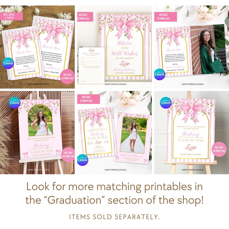 Floral Pink Ribbon Graduation Party Digital Invitation, Editable ...
