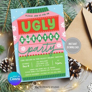 Peut inclure: Une invitation festive pour une "Ugly Sweater Party" avec un motif de pull rose et vert. L'invitation comprend la date, l'heure et le lieu, avec le texte "Téléchargement instantané" et "Modifier dans Canva".