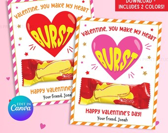 You Make My Heart Burst Valentine Classroom Exchange Card, Star Candy Favor Tag, School Valentine Candy Printable (Digital Download)