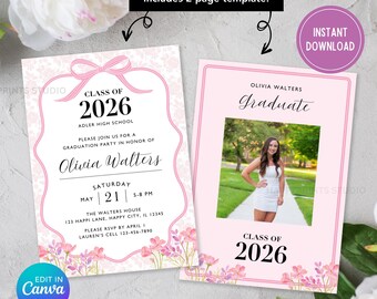 Wildflower Pink Ribbon Graduation Party Digital Invitation, Editable Graduation Announcement, Coquette Ribbon 2026 Graduation Party Invite