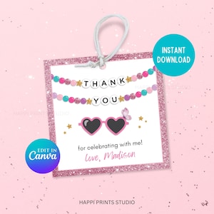 Pink Eras Birthday Sunglass Favor Treat Tag, Editable Friendship Bracelet Thank You Tag, Printable Birthday Party Favor Goodie Bag Gift Tag