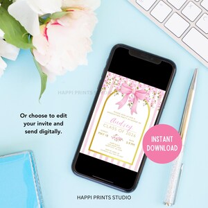 Floral Pink Ribbon Graduation Party Digital Invitation, Editable ...