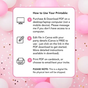K&ouml;nnte beinhalten: Ein rosa-wei&szlig;er druckbarer Leitfaden mit Anweisungen zur Verwendung einer digitalen Datei. Die Anweisungen umfassen den Kauf und Download des PDFs, die Bearbeitung in Canva und den Druck auf Karton. Der Text enth&auml;lt den Satz "PLEASE NOTE: This is a digital file. No physical item will be shipped."