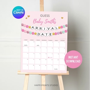 May include: Pink and gold baby shower game printable with the text "Guess Baby Smith's Arrival Date" and a calendar with the months of September and October.
