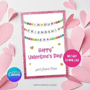 Tarjeta de San Valentín con pulsera de la amistad, intercambio de San Valentín en el aula, etiqueta de regalo de San Valentín para niños, tarjeta de San Valentín escolar imprimible en nuestra era de la amistad